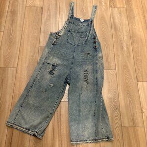 Light Wash Distressed Wide-Leg Denim Overalls